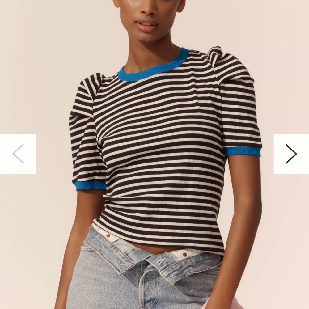 Maeve Black & White Striped Puff Sleeve Top with Blue Trim